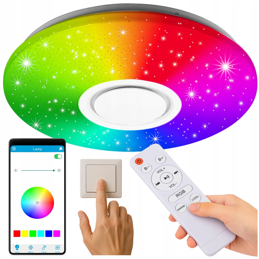 LAMPA SUFITOWA RGB Z GŁOŚNIKIEM BLUETOOTH LED 60W Z PILOTEM APLIKACJA APP