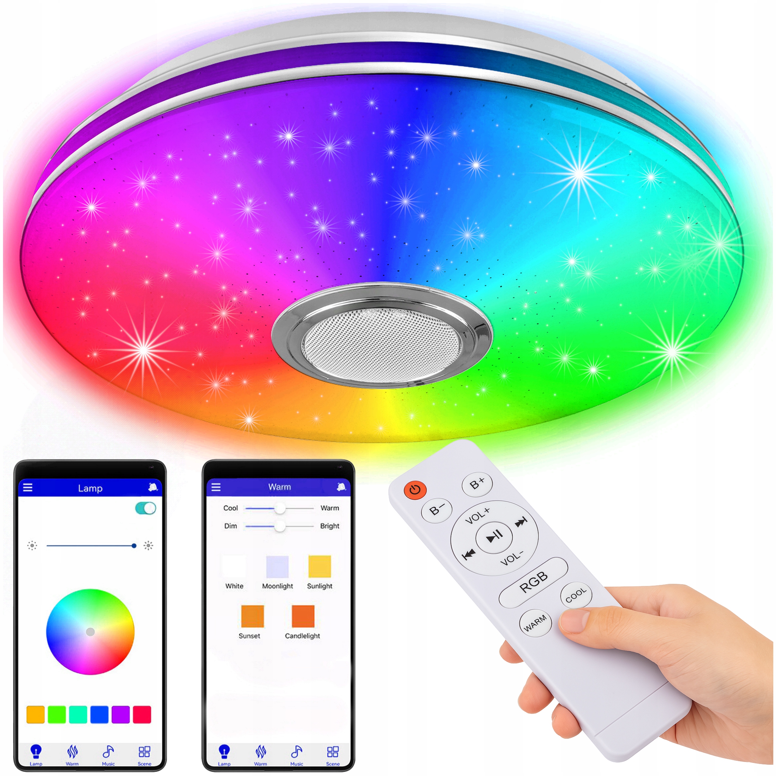 LAMPA PLAFON Z GŁOŚNIKIEM LED RGB 40W KOLOROWA BLUETOOH PILOT APLIKACJA