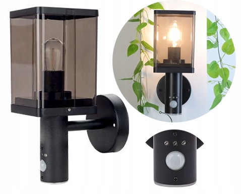 KINKIET ELEWACYJNY OGRODOWY ZEWNĘTRZNY LAMPA Z CZUJNIKIEM DYMIONA 1xE27