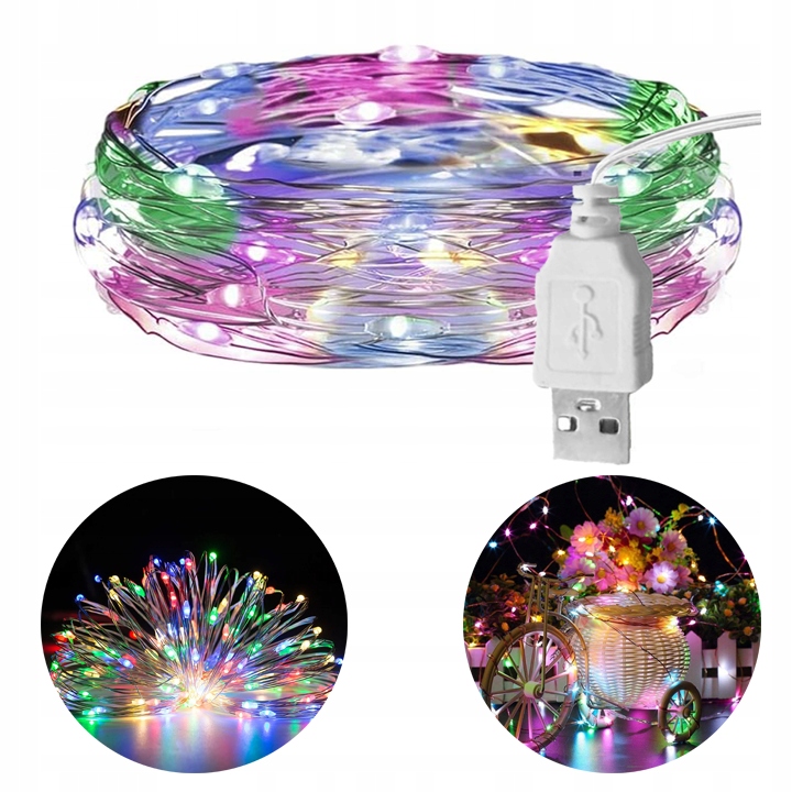 ŁAŃCUCH DRUCIK OZDOBNY CHOINKOWY RGB GIRLANDA CHOINKA 100LED 10M USB