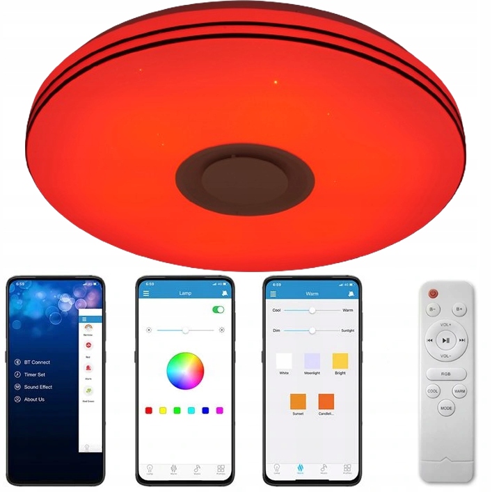 LAMPA SUFITOWA LED RGB Z GŁOŚNIKIE BLUETOOTH KOLOROWA 72W PILOT APLIKACJA