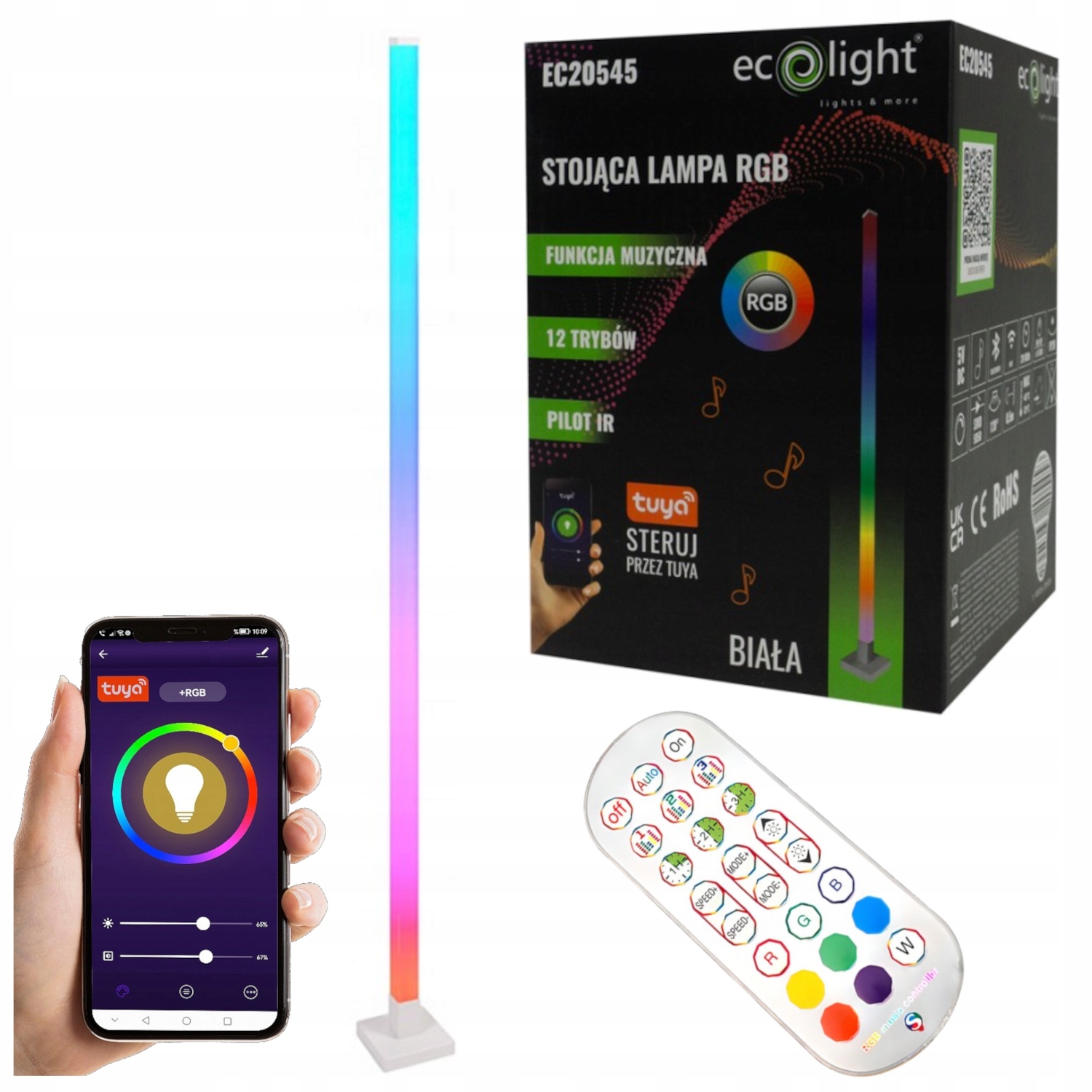 Lampa Stojąca Podłogowa RGB Muzyczna Biała Narożna + Pilot +Aplikacja Tuya
