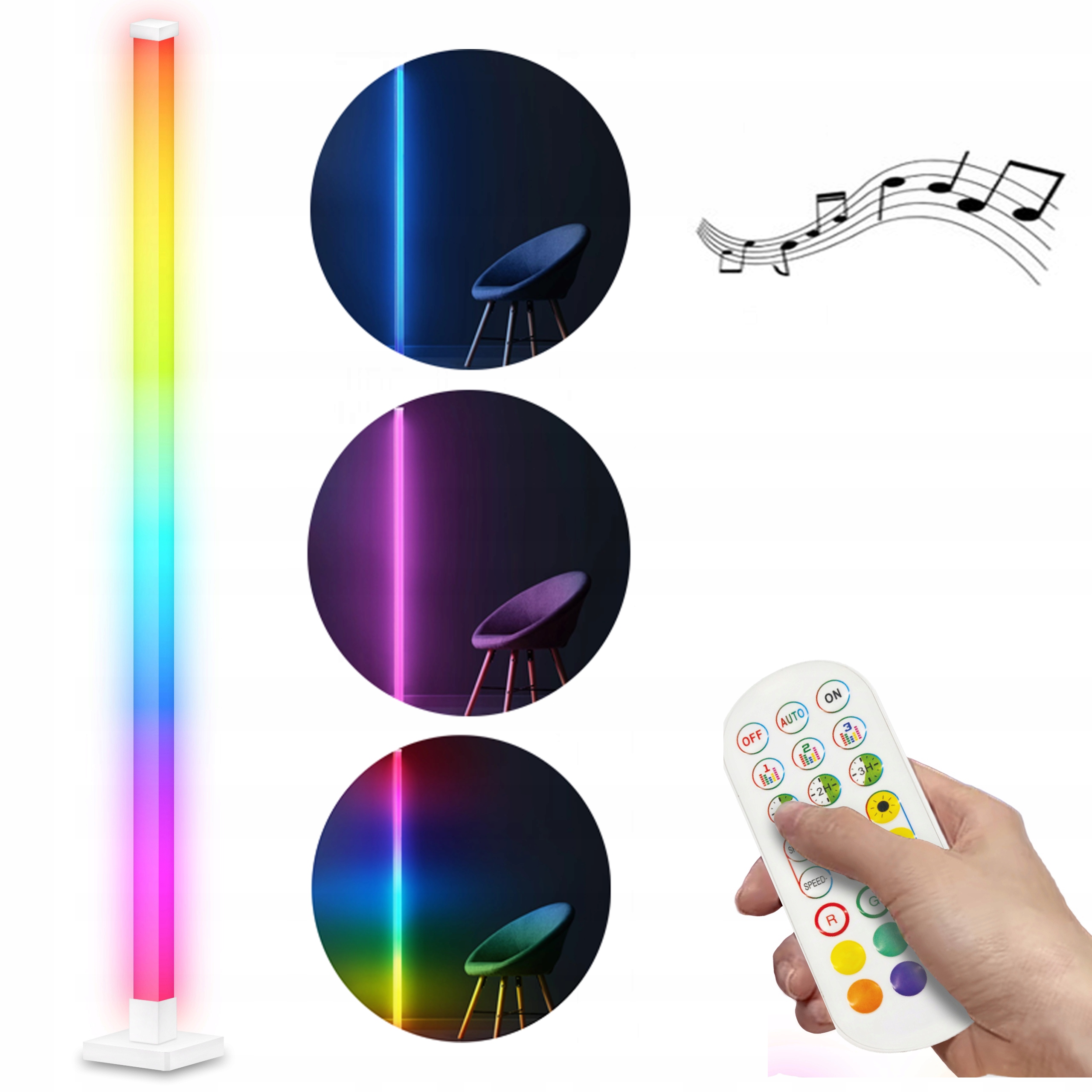 LAMPA PODŁOGOWA RGB KOLOROWA STOJACA BIAŁA PILOT LAMPA MUZYCZNA 5W