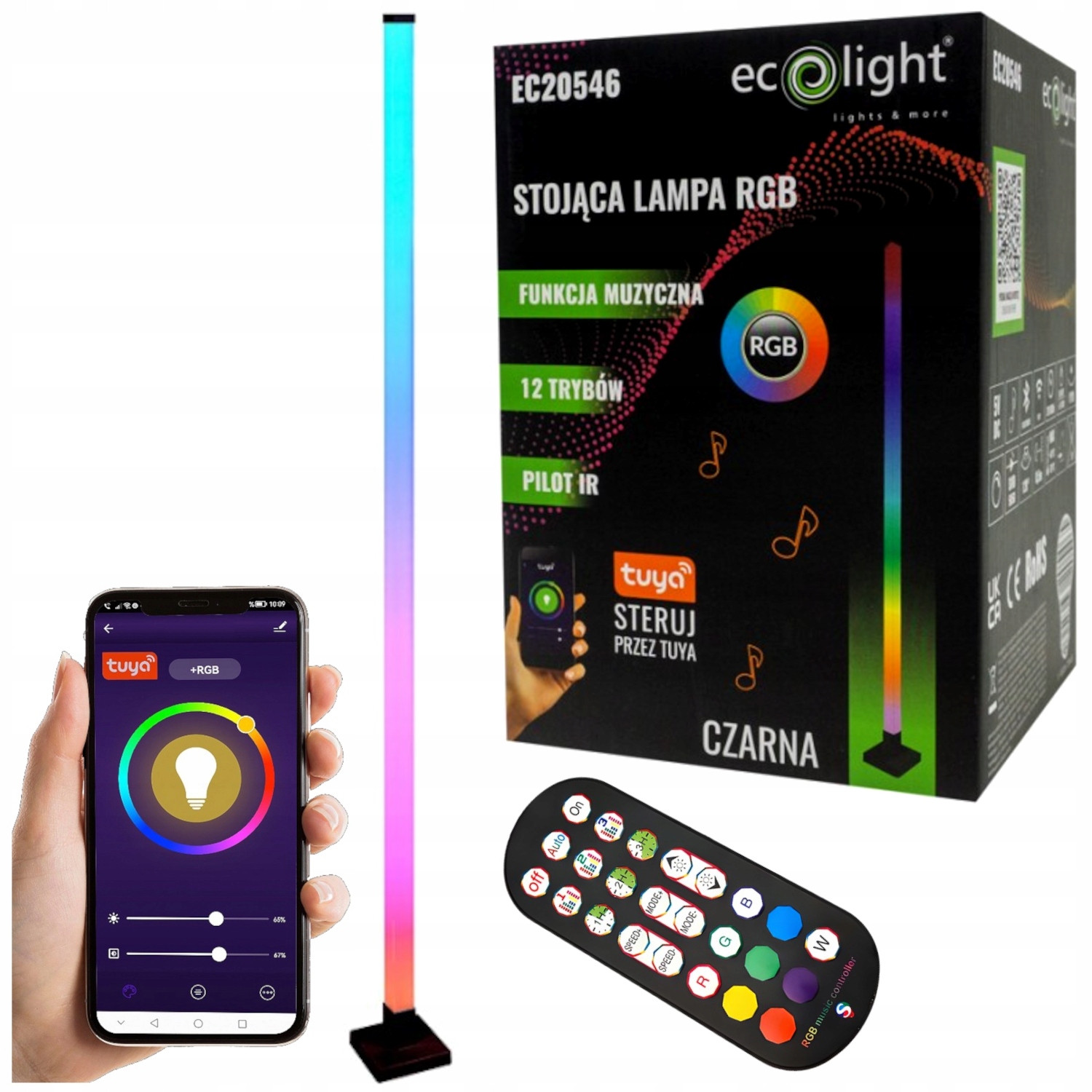 Lampa Stojąca Podłogowa RGB Muzyczna Czarna Narożna + Pilot +Aplikacja Tuya