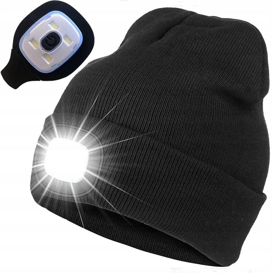 CZAPKA LED Z LATARKĄ ZIMOWA CZARNA CIEPŁA ŁADOWANIE USB BHP UNIWERSALNA