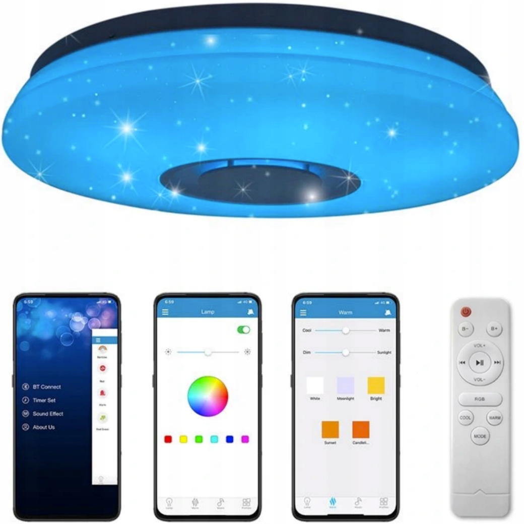LAMPA PLAFON LED RGB 48W KOLORY MUZYKA GŁOŚNIK BLUETOOTH PILOT APLIKACJA