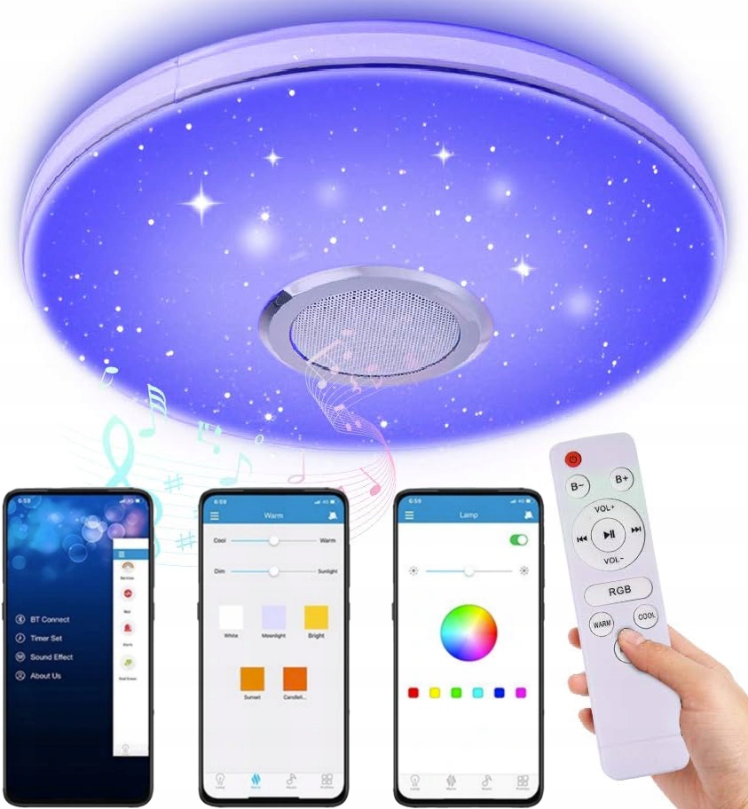 LAMPA SUFITOWA LED RGB Z GŁOŚNIKIE BLUETOOTH KOLOROWA 40W PILOT APLIKACJA