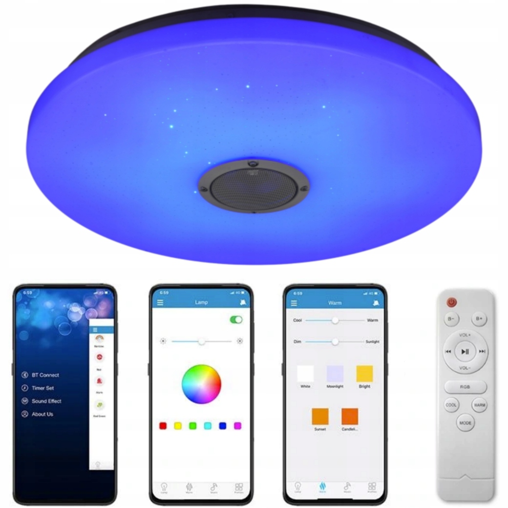LAMPA PLAFON LED RGB KOLORY 48W GŁOŚNIK BLUETOOTH PILOT PAMIĘĆ APLIKACJA
