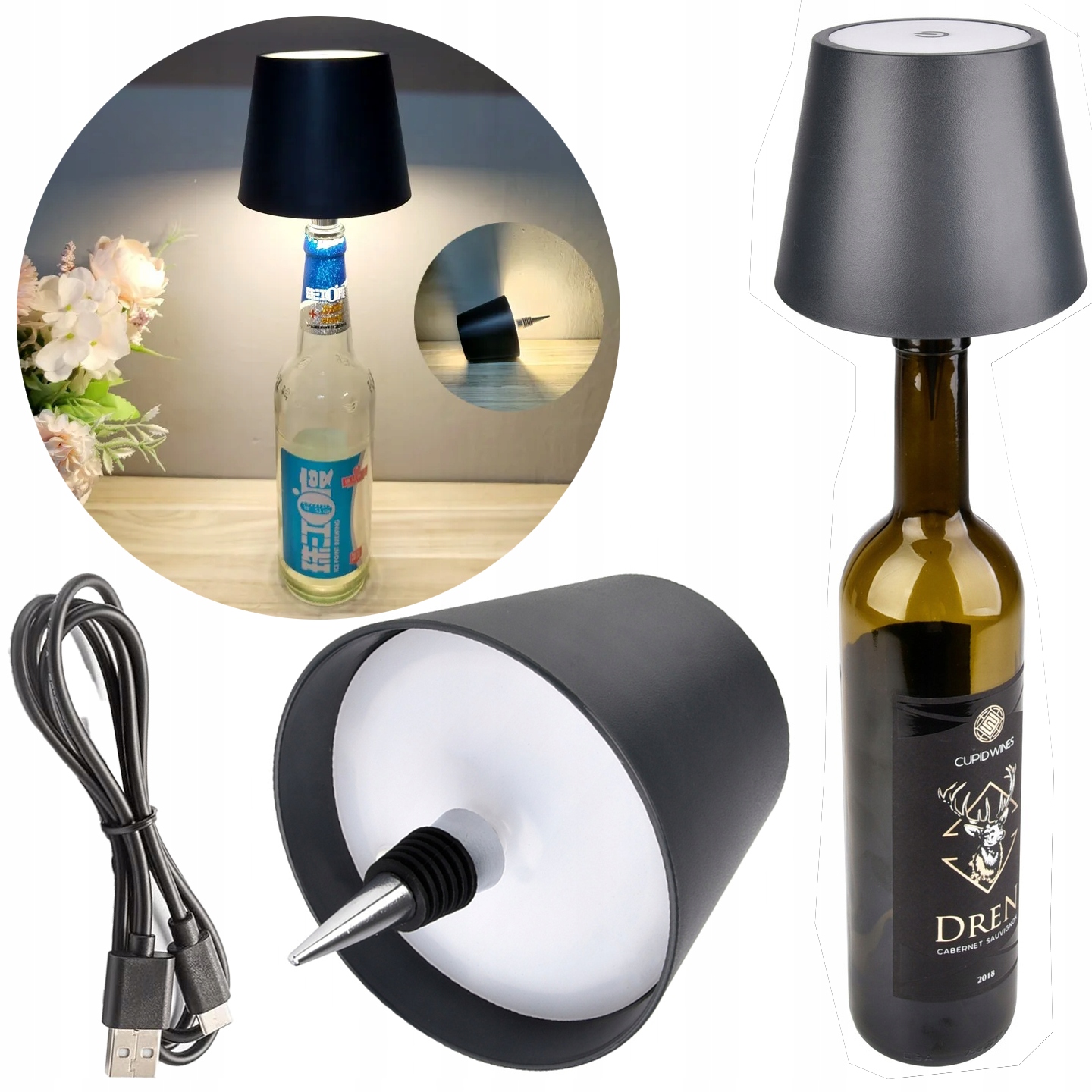 LAMPKA STOŁOWA LED 3W CCT KOREK DO BUTELEK WINA DO GRILA NA AKUMLATOR USB
