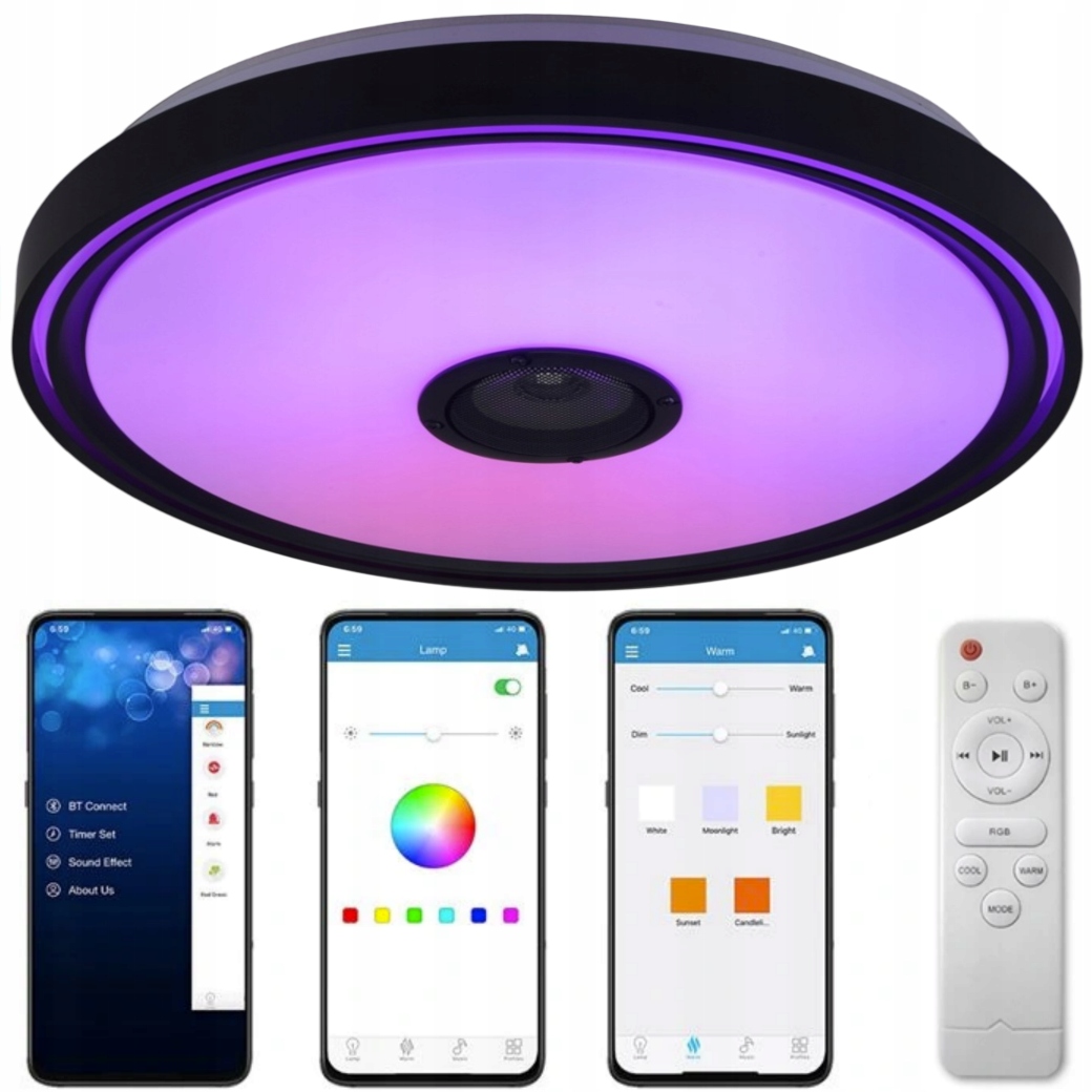LAMPA PLAFON LED RGB 48W GŁOŚNIK BLUETOOTH PILOT ALIKACJA PAMIĘĆ BARW