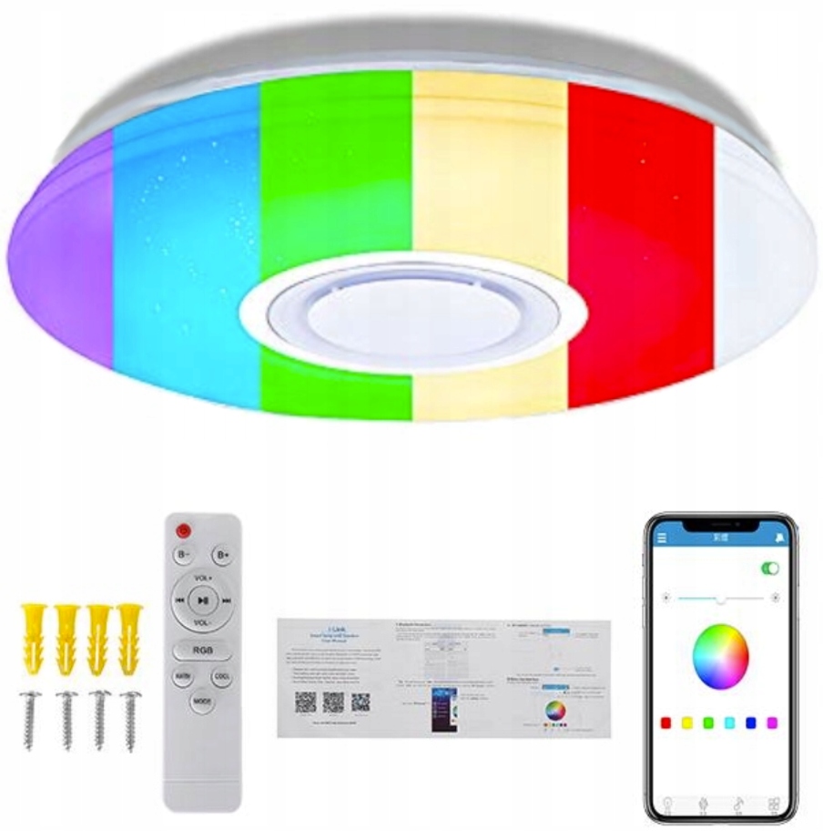 LAMPA LED RGB Z GŁOŚNIKIEM BLUETOOTH 60W+PILOT+APLIKACJA KOLOROWE BARWY