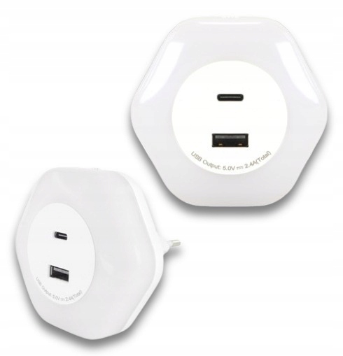 LAMPKA LED 0,3W NOCNA DO KONTAKTU CZUJNIK ZMIERZCHU USB A+C BARWA NEUTRALNA