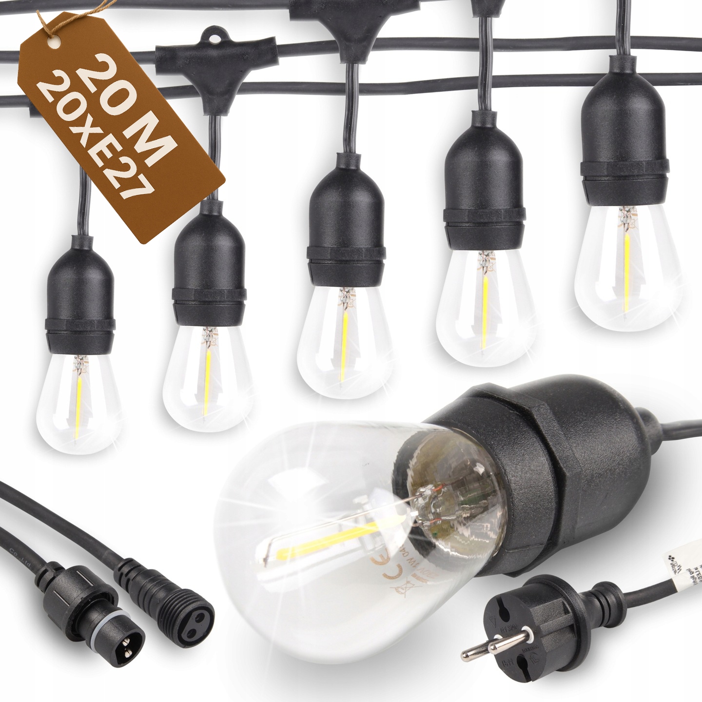 GIRLANDA OGRODOWA ŚWIETLNA 20m 20x ŻARÓWKA LED E27 PRZEWÓD WODOSZCZELNA 230