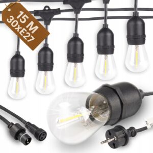 GIRLANDA OGRODOWA ZEWNĘTRZNA 15m ŁAŃCUCH 230V ŻARÓWKI LED 30 x E27 1W 2700K Girlandy