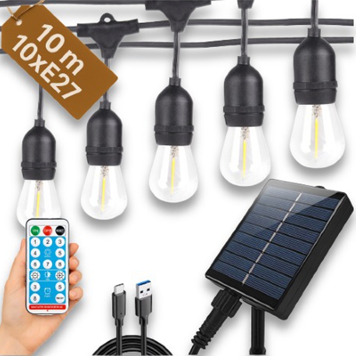 GIRLANDA SOLARNA OGRODOWA ŚWIETLNA LAMPKI SOLARNE LED 10M + ŻARÓWKI PILOT
