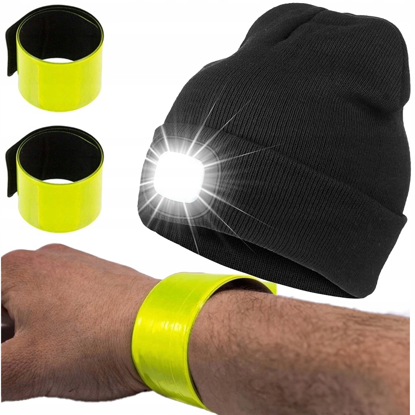 CZAPKA Z LATARKĄ LED ZIMOWA CZARNA USB UNIWERSALNA Z DWOMA ODBLASKAMI