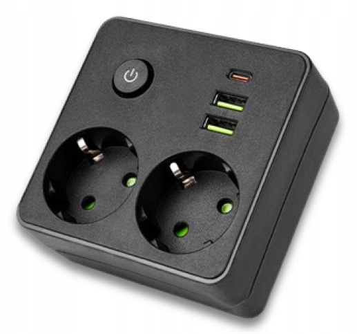 ROZGAŁĘŹNIK ROZDZIELACZ ZŁODZIEJKA 2 GNIAZDA 230V + 2 x USB A + 1 x USB C