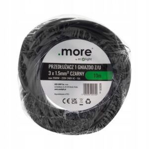 PRZEDŁUŻACZ POJEDYŃCZY 10 m 3X1,5mm2 1 szt. GNIAZDA CZARNY MAX 2500W Przedłużacze