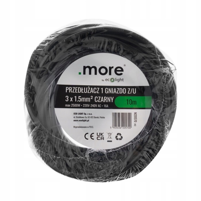 PRZEDŁUŻACZ POJEDYŃCZY 10 m 3X1,5mm2 1 szt. GNIAZDA CZARNY MAX 2500W