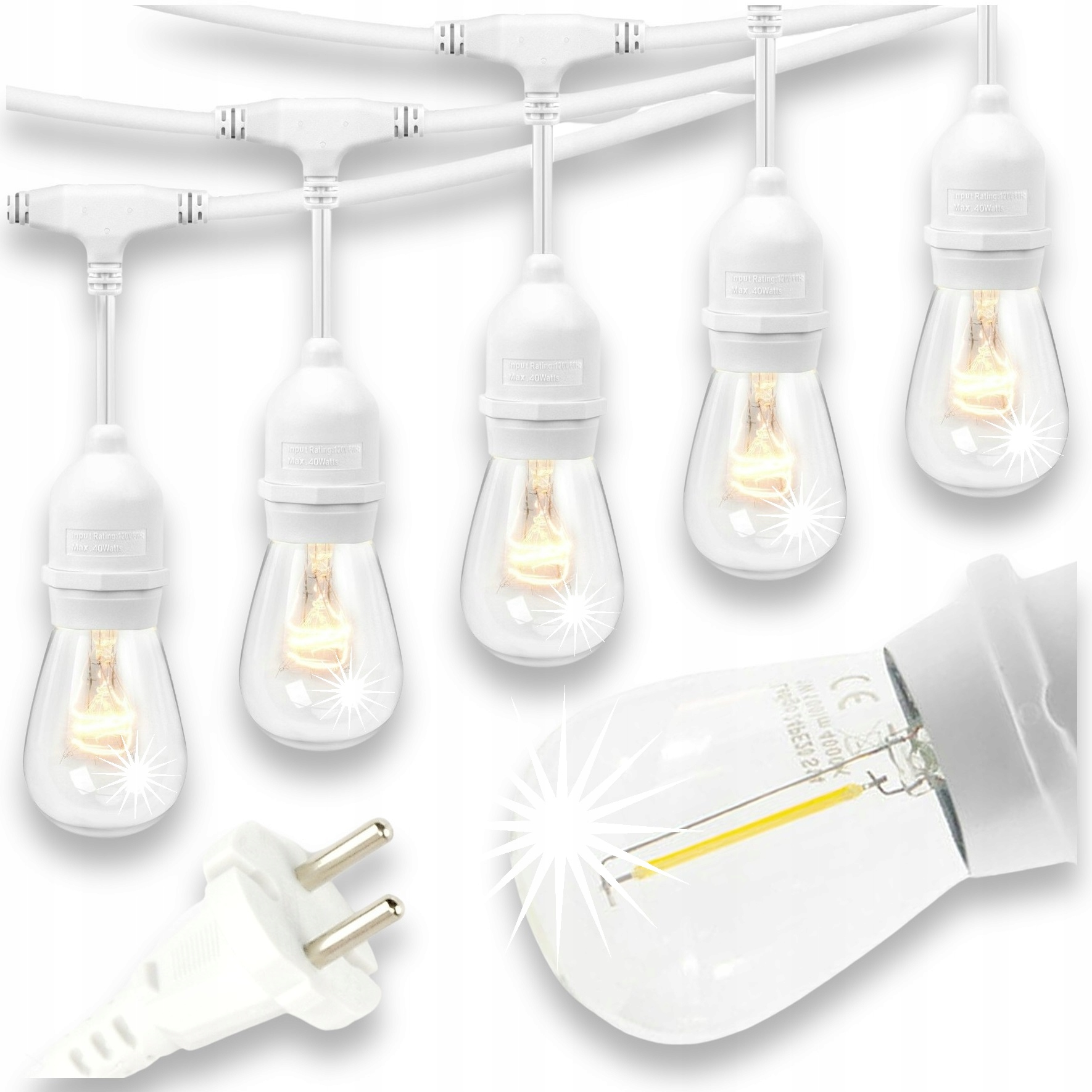 GIRLANDA ŚWIETLNA OGRODOWA BIAŁA NA TARAS BALKON OGRÓD E27 15M + 15x LED