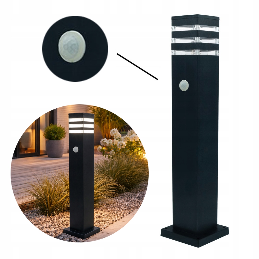Lampa ogrodowa stojąca słupek zewnetrzny 60cm E27 z czujnikiem PIR 1 Lampa ogrodowa stojąca słupek zewnetrzny 60cm E27 z czujnikiem PIR