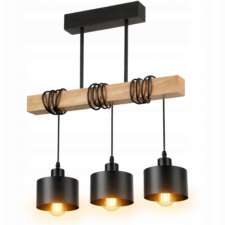 Lampa wisząca sufitowa czarna 3x E27 nowoczesna loft żyrandol drewno dąb 1 Lampa wisząca sufitowa czarna 3x E27 nowoczesna loft żyrandol drewno dąb