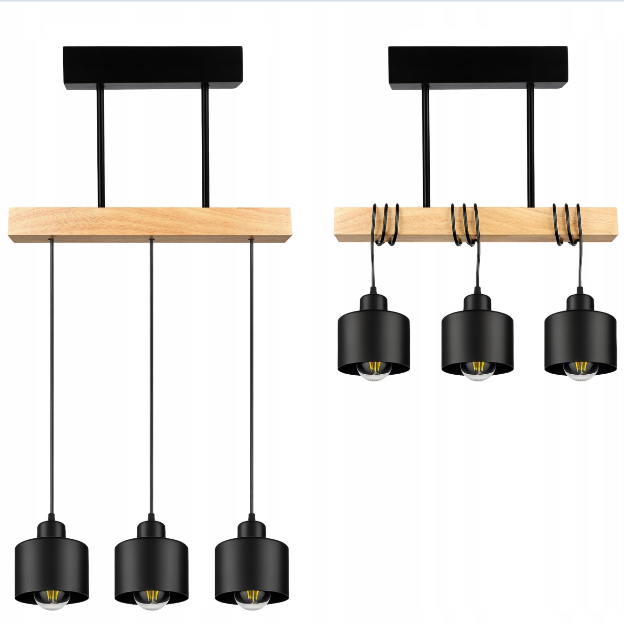 Lampa wisząca sufitowa czarna 3x E27 nowoczesna loft żyrandol drewno dąb 4 Lampa wisząca sufitowa czarna 3x E27 nowoczesna loft żyrandol drewno dąb - obrazek 4