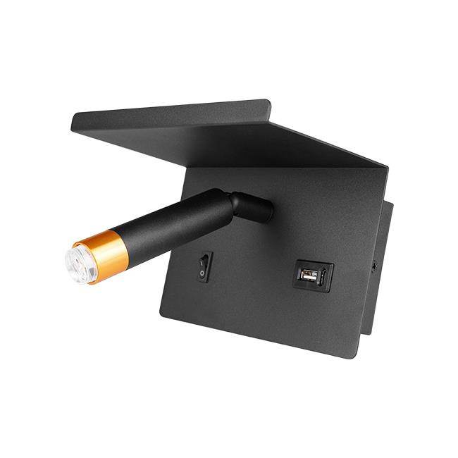 Kinkiet do czytania Piero G9 półka USB czarny+złot 1 Kinkiet do czytania Piero G9 półka USB czarny+złot