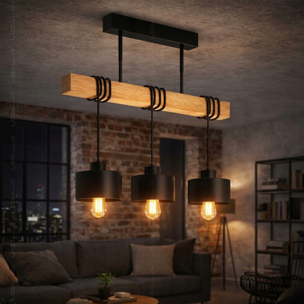 Lampa wisząca sufitowa czarna 3x E27 nowoczesna loft żyrandol drewno dąb 8 Lampa wisząca sufitowa czarna 3x E27 nowoczesna loft żyrandol drewno dąb - obrazek 8