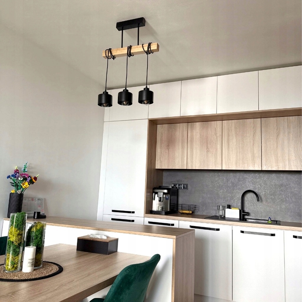 Lampa wisząca sufitowa czarna 3x E27 nowoczesna loft żyrandol drewno dąb 5 Lampa wisząca sufitowa czarna 3x E27 nowoczesna loft żyrandol drewno dąb - obrazek 5