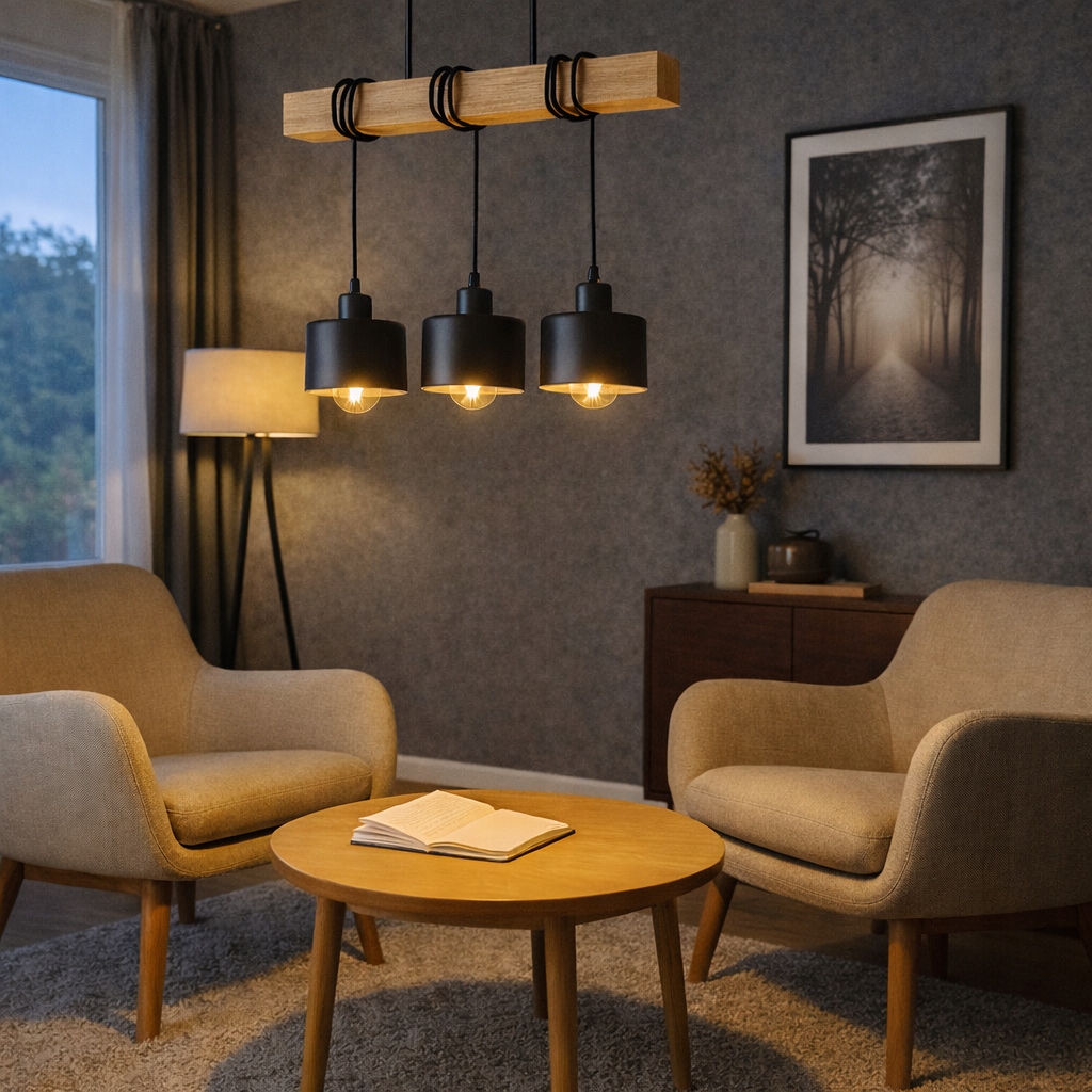 Lampa wisząca sufitowa czarna 3x E27 nowoczesna loft żyrandol drewno dąb 15 Lampa wisząca sufitowa czarna 3x E27 nowoczesna loft żyrandol drewno dąb - obrazek 15