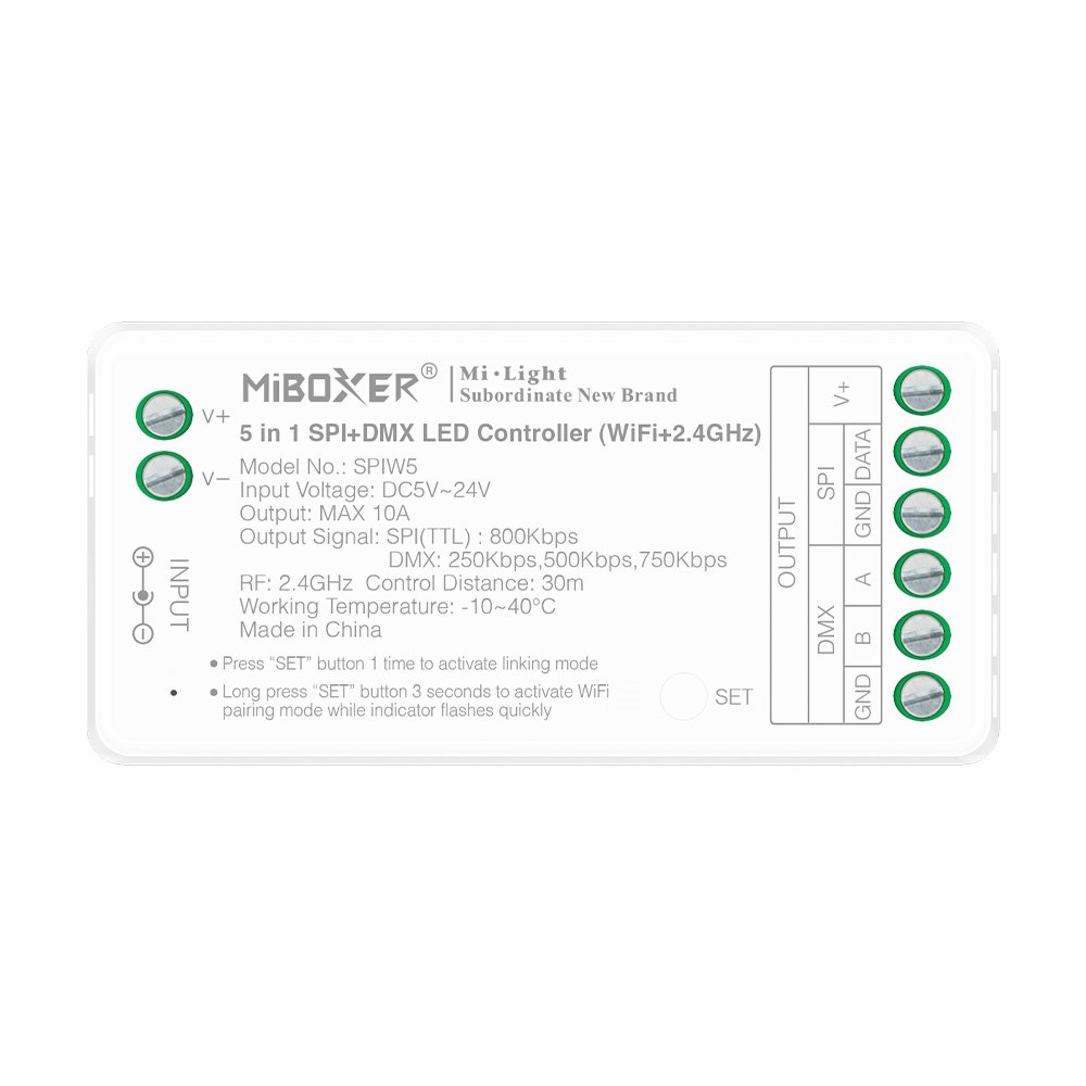Sterownik cyfrowy SPI+DMX WI-FI+2.4G SPIW5 10A 5w1 1 Sterownik cyfrowy SPI+DMX WI-FI+2.4G SPIW5 10A 5w1