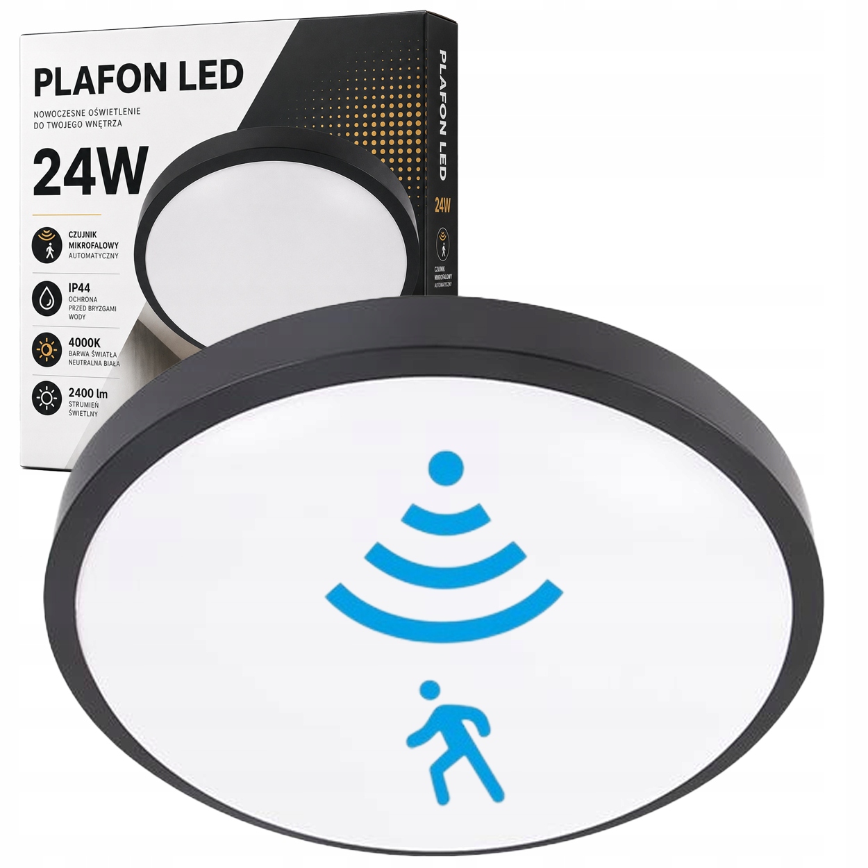 Lampa łazienkowa plafon sufitowy 24w LED czarny czujnik mikrofalowy IP44 1 Lampa łazienkowa plafon sufitowy 24w LED czarny czujnik mikrofalowy IP44