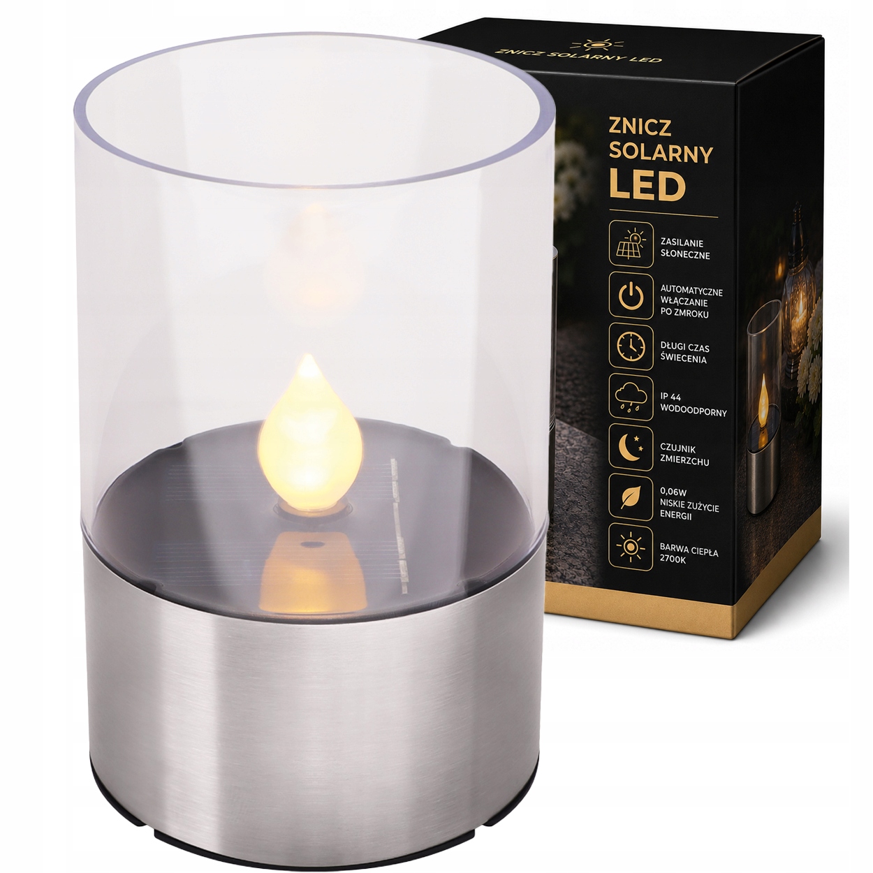 Lampka solarna LED chrom świeczka wkład do zniczy lampionów efekt płomienia 1 Lampka solarna LED chrom świeczka wkład do zniczy lampionów efekt płomienia