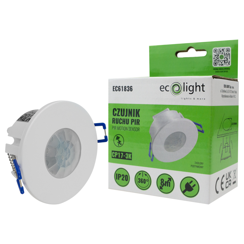 Czujnik ruchu PIR cp-17-3k 3 kolory ramki, 360 st, podtynkowy , max 1200w, detekcja ruchu do 6m 3 detekcja ruchu do 6m — oświetlenie LED