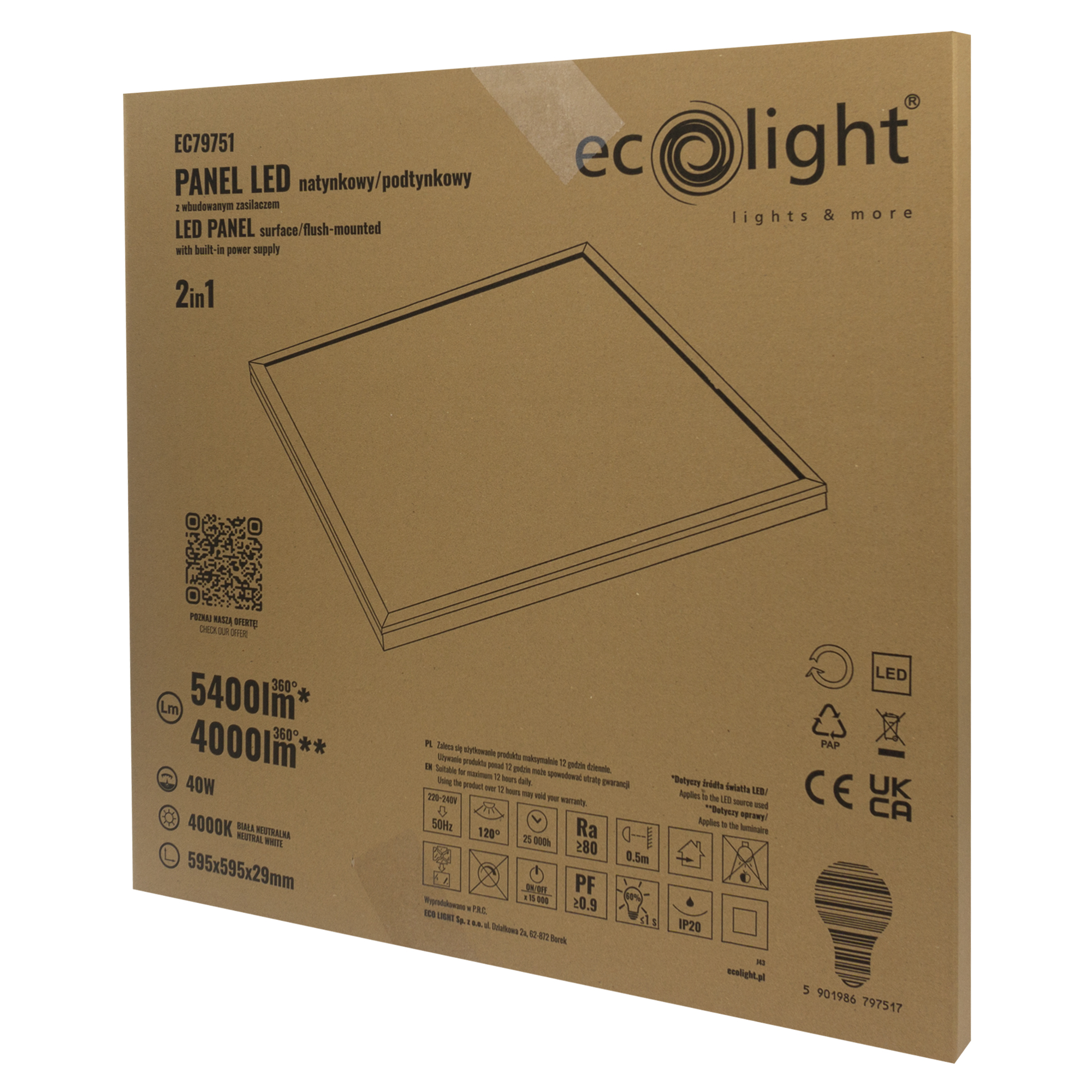 Panel LED 2W1 595x595 40w 4000k 4000lm ip20 biały 3 Panel LED 2W1 595x595 40w 4000k 4000lm ip20 biały - obrazek 3