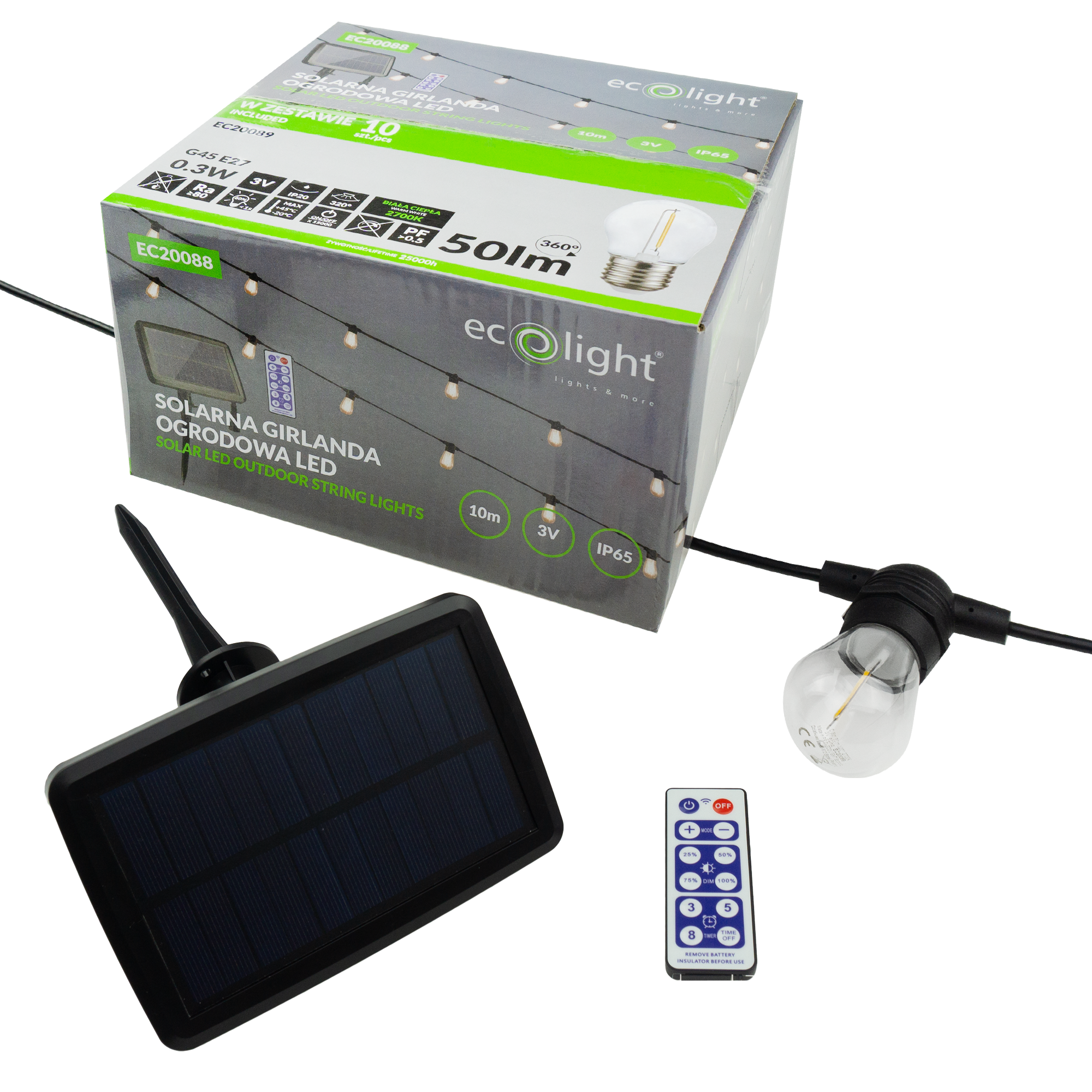 Solarna girlanda LED 10m +10 x g45 E27 0.3w 2700k 11 Solarna girlanda LED 10m +10 x g45 E27 0.3w 2700k - obrazek 11