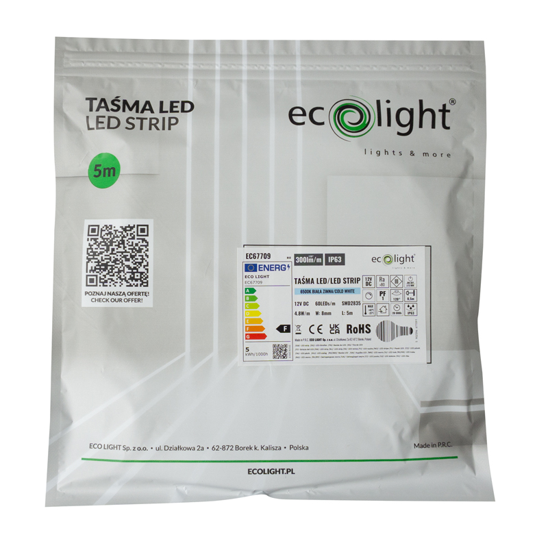 Taśma LED 300 4.8w/m 6500k 300lm/m 12v ip63 /5m/ 3 Taśma LED 300 4.8w/m 6500k 300lm/m 12v ip63 /5m/ - obrazek 3