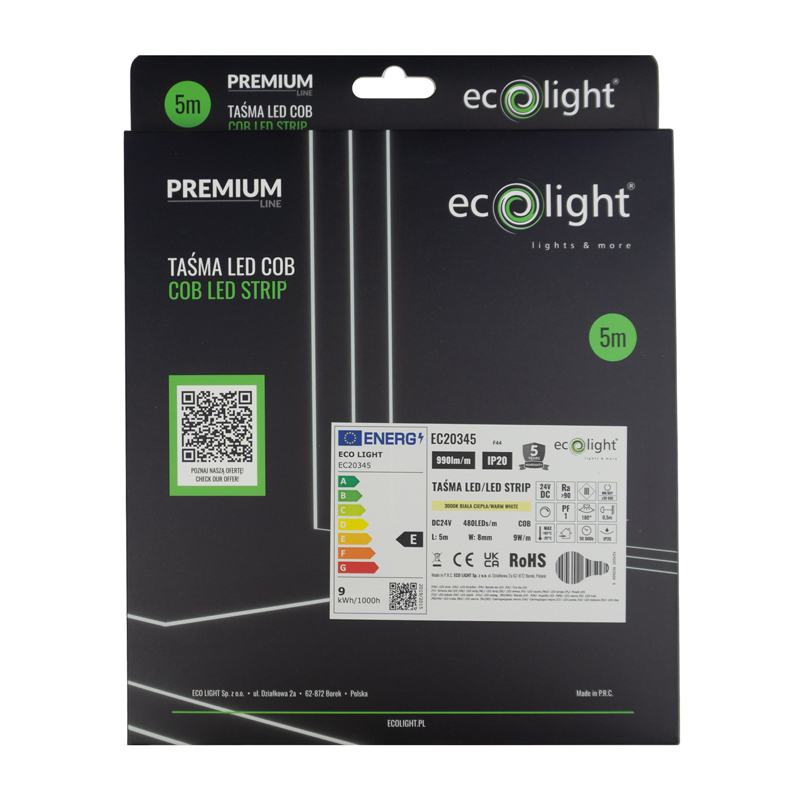 Taśma LED COB 24v 480 9w/m 3000k 990lm/m ip20 5m 3 Taśma LED COB 24v 480 9w/m 3000k 990lm/m ip20 5m - obrazek 3