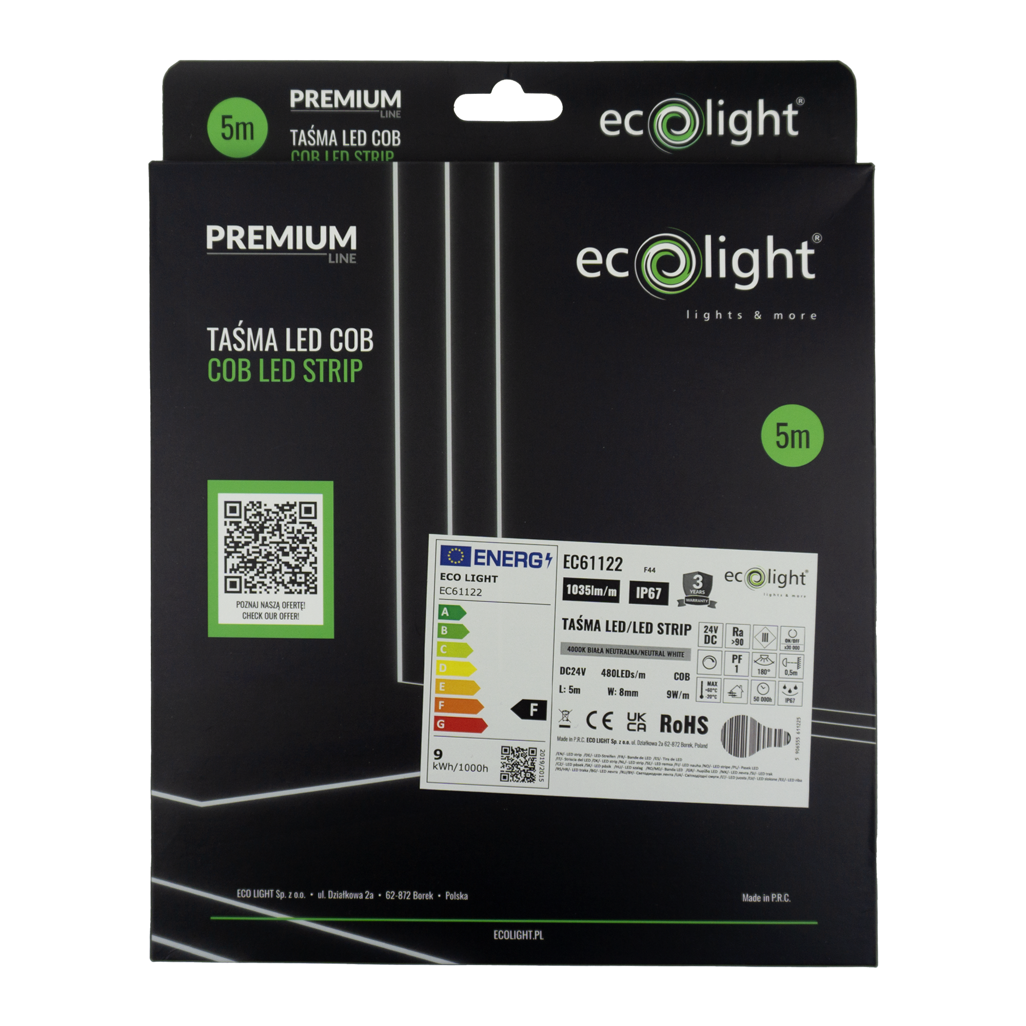 Taśma LED COB 24v 480 9w/m 4000k 1035lm ip67 5m 3 Taśma LED COB 24v 480 9w/m 4000k 1035lm ip67 5m - obrazek 3