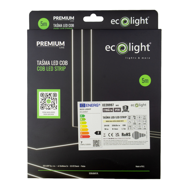 Taśma LED COB 320 7w/m 3000k 770lm/m 24v ip20/5m/p 3 Taśma LED COB 320 7w/m 3000k 770lm/m 24v ip20/5m/p - obrazek 3