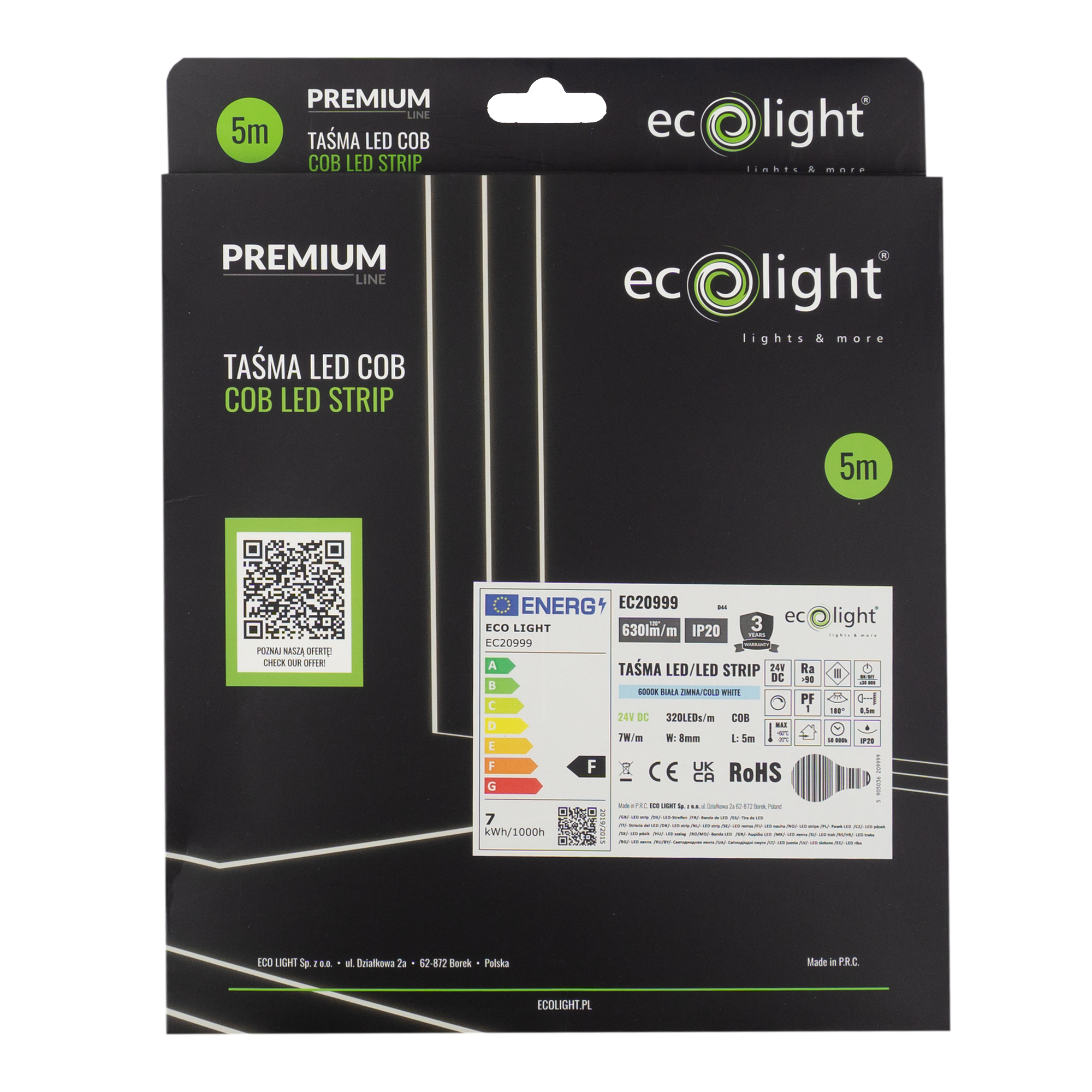 Taśma LED COB 320 7w/m 6000k 630lm/m 24v ip20/5m/p 6 Taśma LED COB 320 7w/m 6000k 630lm/m 24v ip20/5m/p - obrazek 6