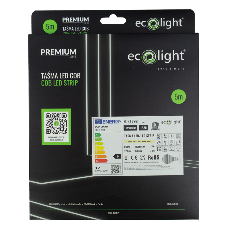 Taśma LED COB 480 24v 12w/m 1320lm/m 3000k ip20 5m 2 Taśma LED COB 480 24v 12w/m 1320lm/m 3000k ip20 5m - obrazek 2