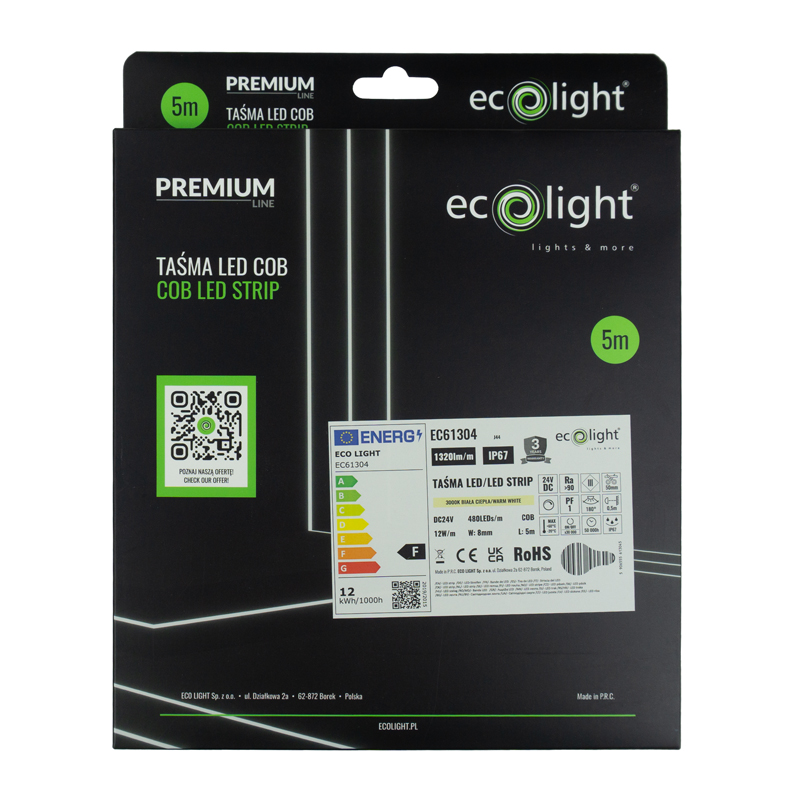 Taśma LED COB 480 24v 12w/m 1320lm/m 3000k ip67 5m 2 Taśma LED COB 480 24v 12w/m 1320lm/m 3000k ip67 5m - obrazek 2