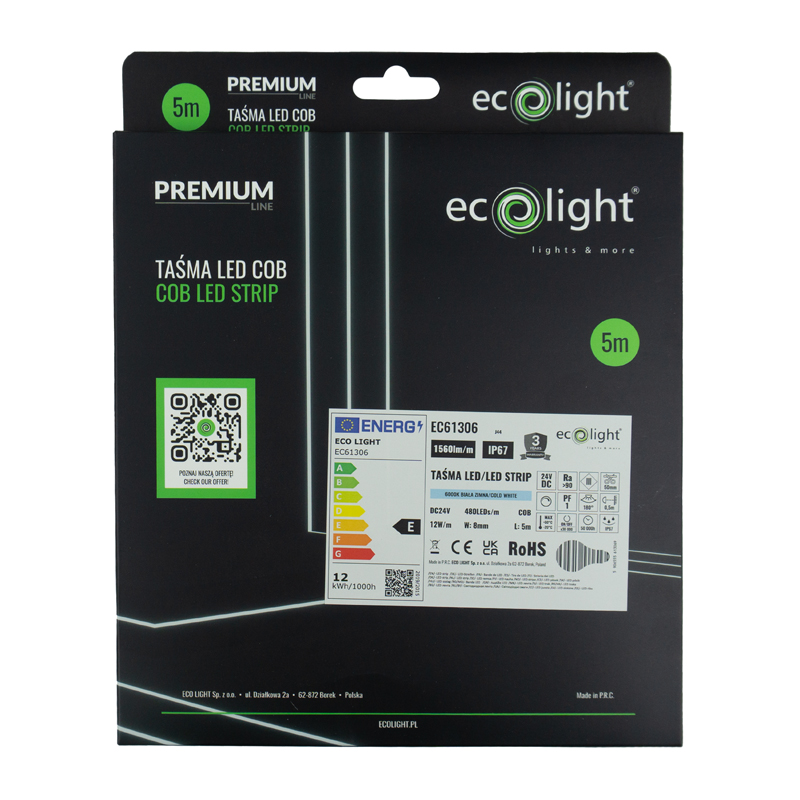 Taśma LED COB 480 24v 12w/m 1560lm/m 6000k ip67 5m 2 Taśma LED COB 480 24v 12w/m 1560lm/m 6000k ip67 5m - obrazek 2