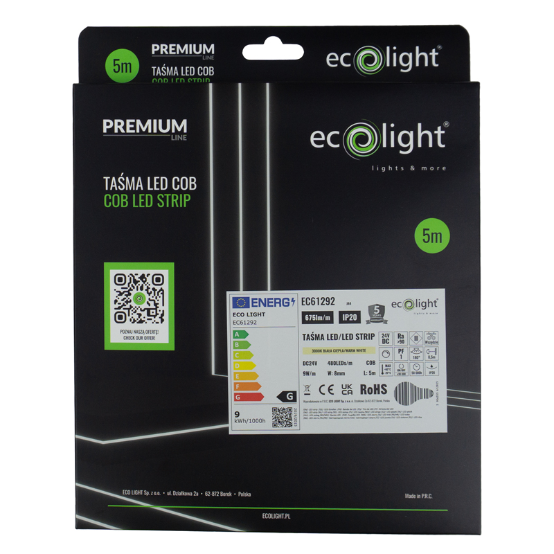 Taśma LED COB 480 24v 9w/m 3000k ip20 free cut 5m 2 Taśma LED COB 480 24v 9w/m 3000k ip20 free cut 5m - obrazek 2