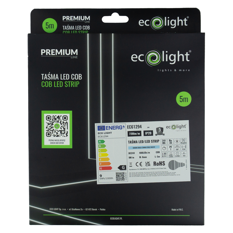 Taśma LED COB 480 24v 9w/m 6000k ip20 free cut 5m 2 Taśma LED COB 480 24v 9w/m 6000k ip20 free cut 5m - obrazek 2