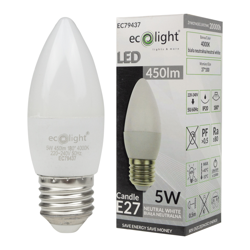 Żarówka LED candle E27 5w 4000k 500lm 2 Żarówka LED candle E27 5w 4000k 500lm - obrazek 2