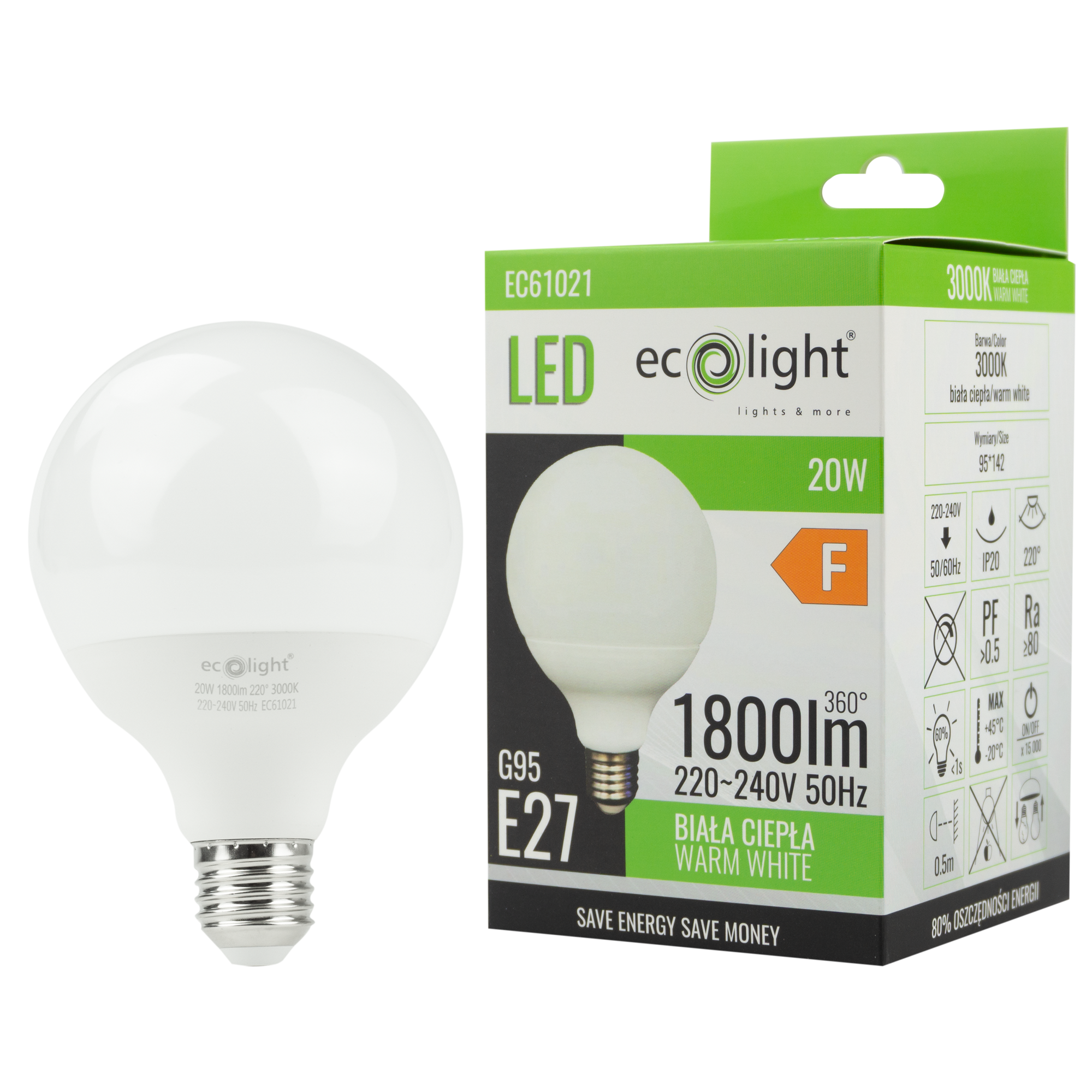Żarówka LED g95 E27 20w 3000k 2 Żarówka LED g95 E27 20w 3000k - obrazek 2