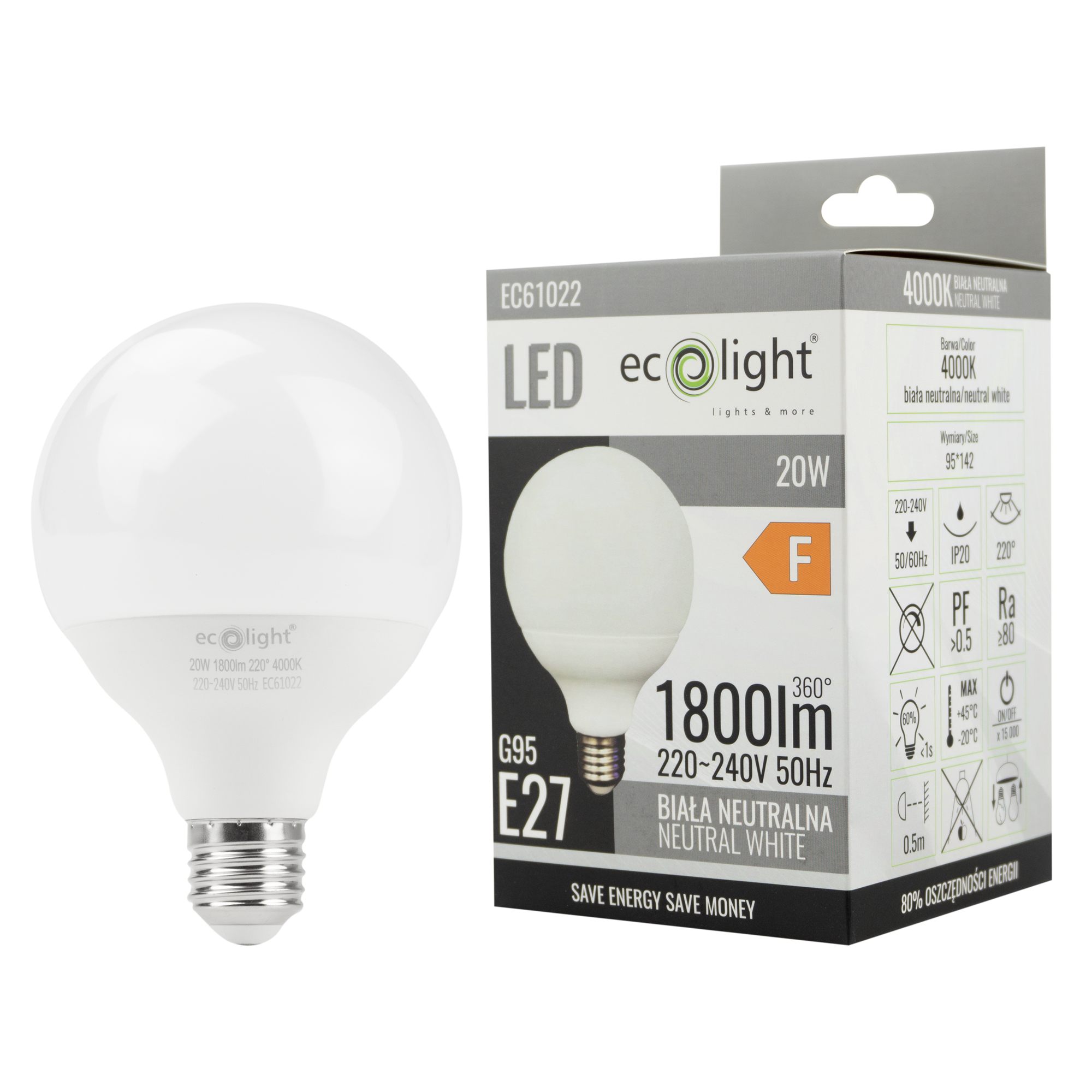 Żarówka LED g95 E27 20w 4000k 2 Żarówka LED g95 E27 20w 4000k - obrazek 2